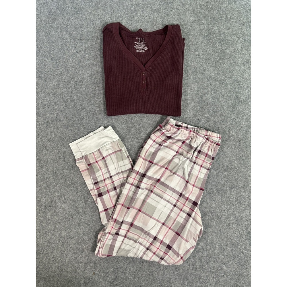 Time and Tru Henley Pajama Set L/XL Burgundy Plaid Waffle Knit Loungewear